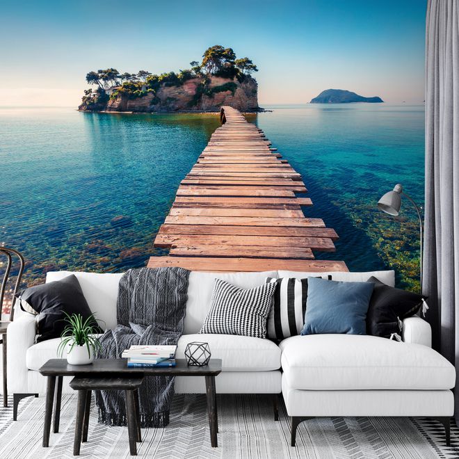 Realistic Sea Landscape with Wood Bridge Wallpaper Mural