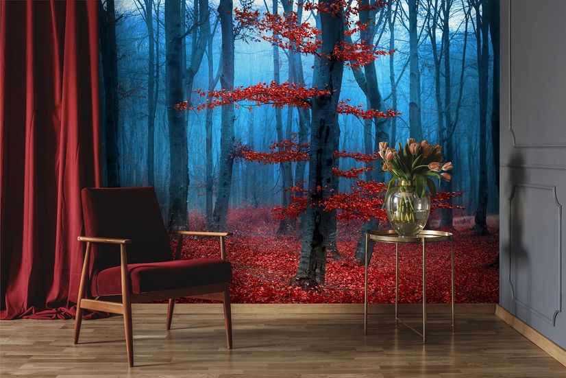 Autumn Forest with Red Leaves Landscape Wallpaper Mural