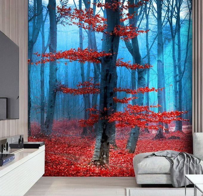 Autumn Forest with Red Leaves Landscape Wallpaper Mural