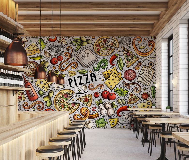 Cartoon Colorful Fast Foods and Pizza Wallpaper Mural