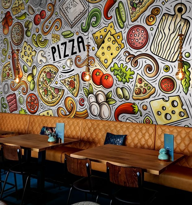Cartoon Colorful Fast Foods and Pizza Wallpaper Mural