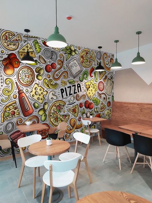 Cartoon Colorful Fast Foods and Pizza Wallpaper Mural