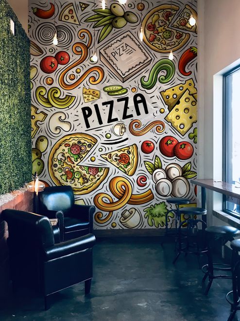 Cartoon Colorful Fast Foods and Pizza Wallpaper Mural
