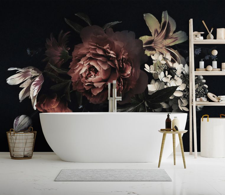 Dark Floral Bouquet with Red Peony and Lily Wallpaper Mural