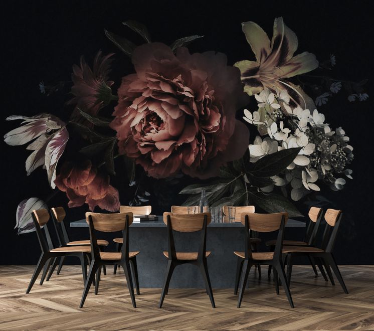 Dark Floral Bouquet with Red Peony and Lily Wallpaper Mural