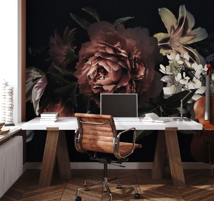 Dark Floral Bouquet with Red Peony and Lily Wallpaper Mural