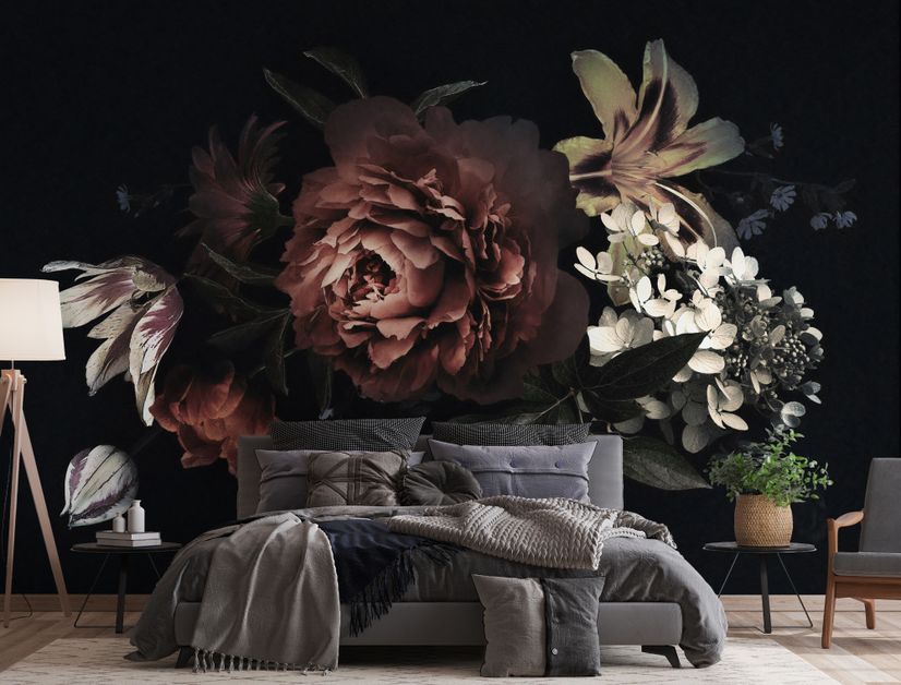 Dark Floral Bouquet with Red Peony and Lily Wallpaper Mural