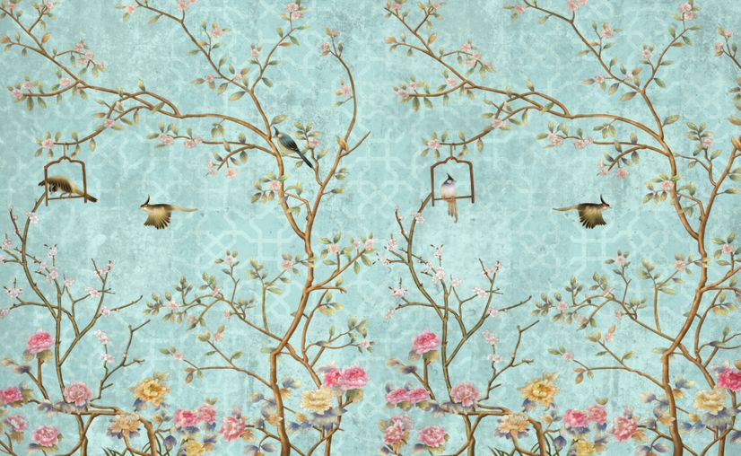 Vintage Little Floral and Birds Wallpaper Mural