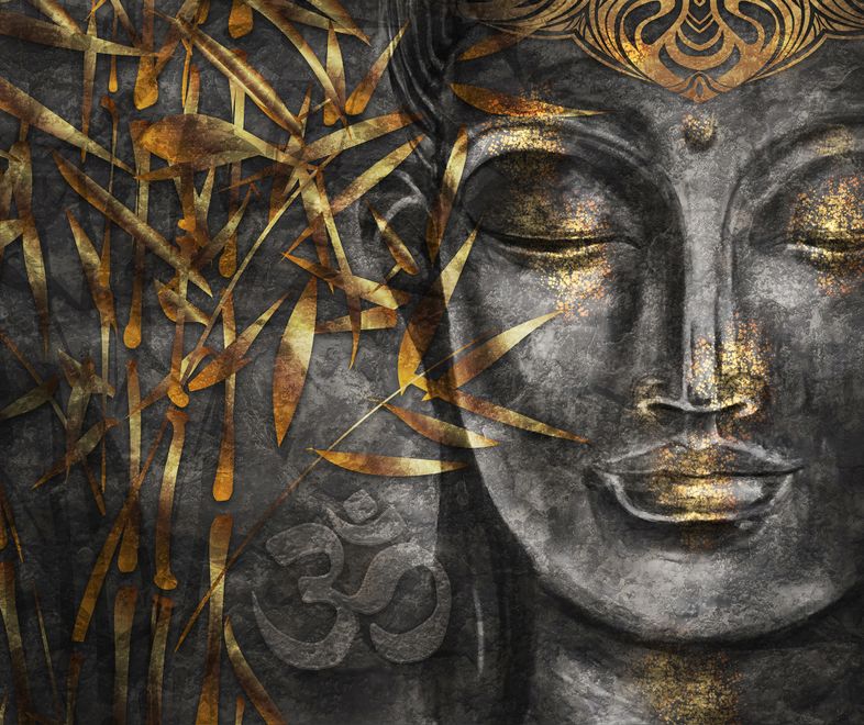 3D Look Concrete Buddha and Gold Style Leaves Wallpaper Mural