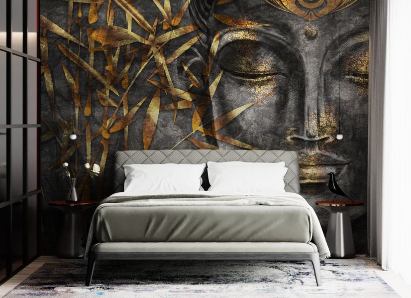 3D Look Concrete Buddha and Gold Style Leaves Wallpaper Mural