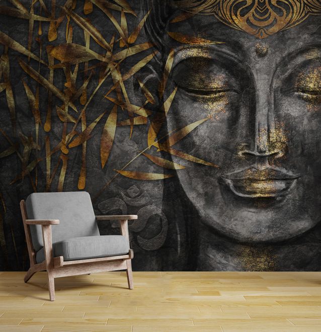 3D Look Concrete Buddha and Gold Style Leaves Wallpaper Mural