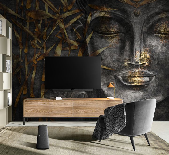 3D Look Concrete Buddha and Gold Style Leaves Wallpaper Mural