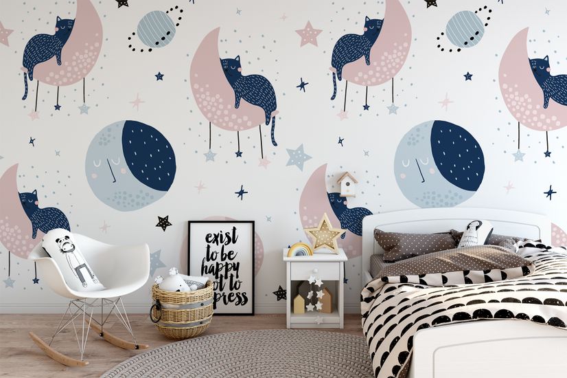 Cute Sleeping Cat on the Moon Wallpaper Mural