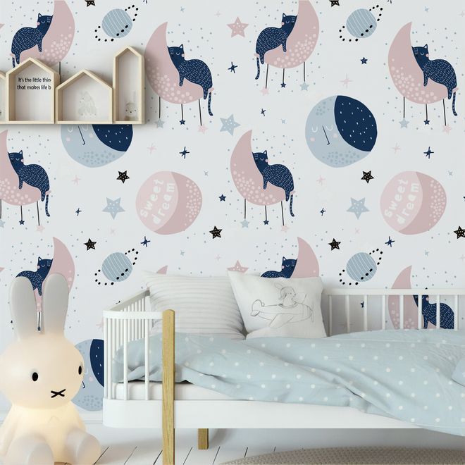 Cute Sleeping Cat on the Moon Wallpaper Mural