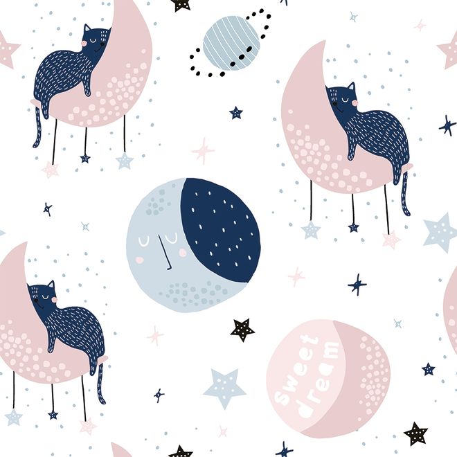 Cute Sleeping Cat on the Moon Wallpaper Mural