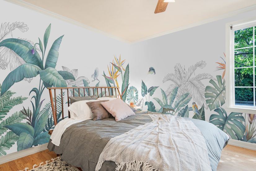 Tropical Banana Leaf with a Bird Wallpaper Mural
