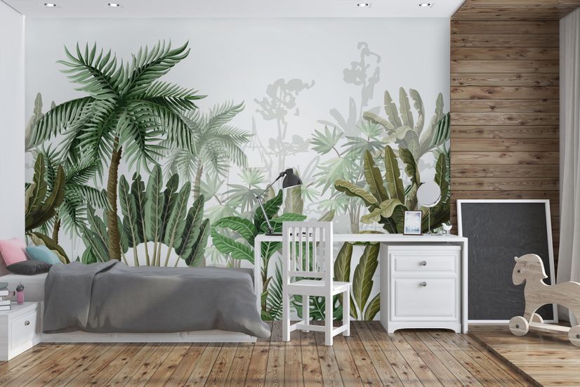 Tropical Cartoon Palm Tree and Banana Leaves Wallpaper Mural