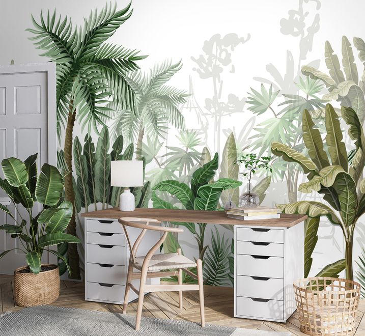 Tropical Cartoon Palm Tree and Banana Leaves Wallpaper Mural