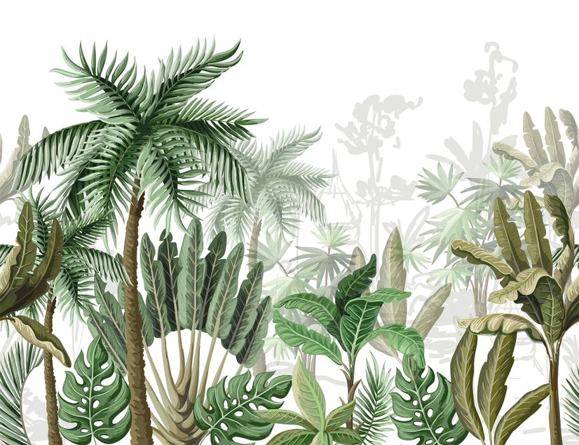 Tropical Cartoon Palm Tree and Banana Leaves Wallpaper Mural