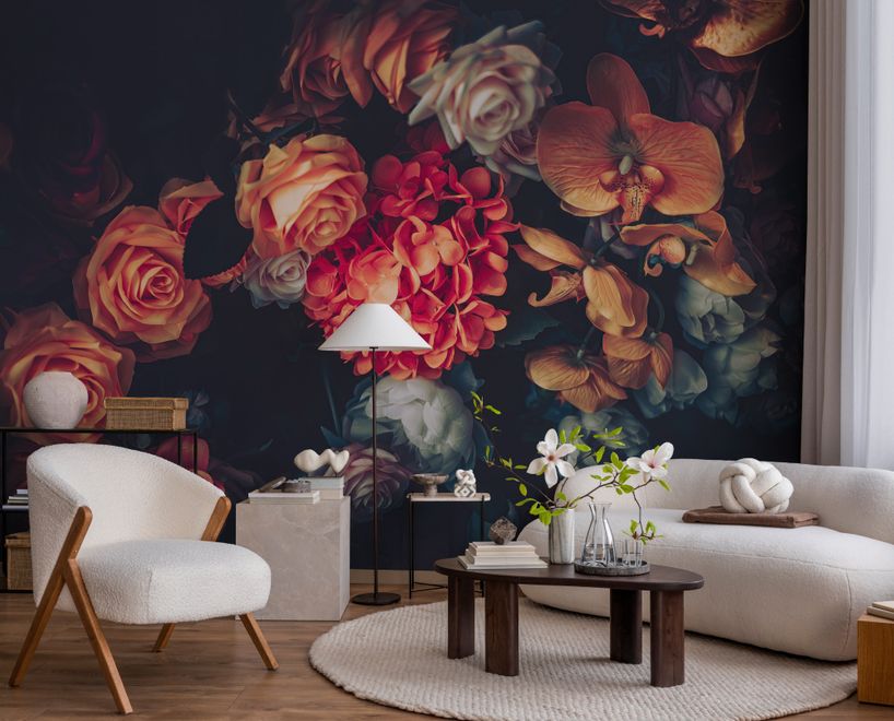 Red Hydrangea Orange Orchid Rose Dark Floral Bouqet Wallpaper Mural