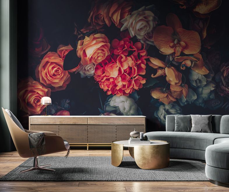 Red Hydrangea Orange Orchid Rose Dark Floral Bouqet Wallpaper Mural