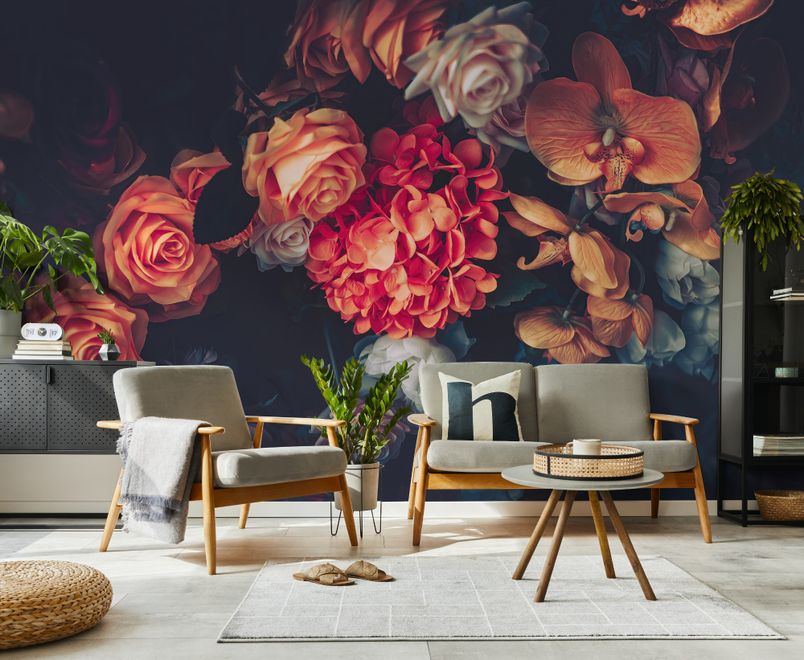 Red Hydrangea Orange Orchid Rose Dark Floral Bouqet Wallpaper Mural