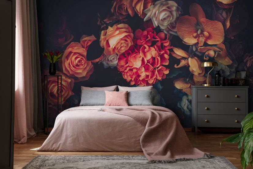Red Hydrangea Orange Orchid Rose Dark Floral Bouqet Wallpaper Mural