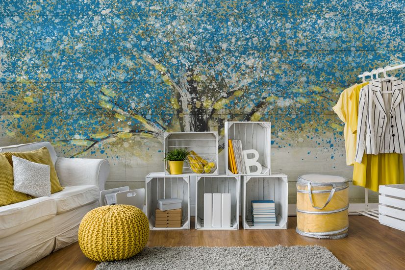 Watercolor Style Blue Tree Wallpaper Mural
