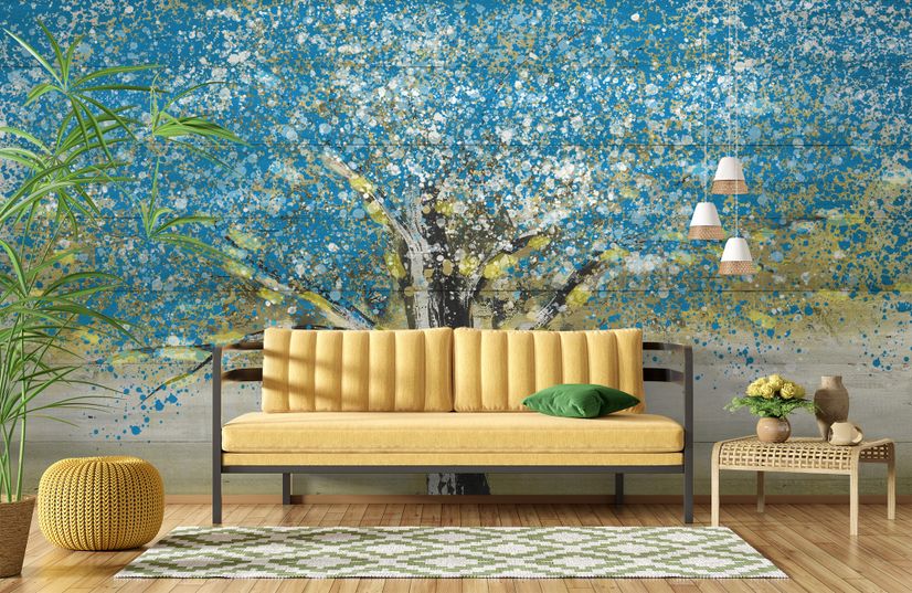 Watercolor Style Blue Tree Wallpaper Mural
