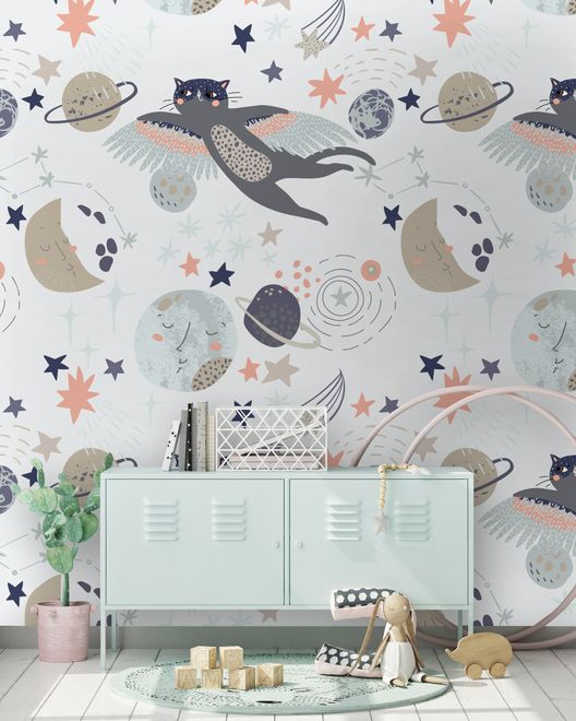 Cat Flying Over The Moon and Stars Wallpaper Mural