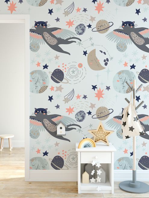 Cat Flying Over The Moon and Stars Wallpaper Mural