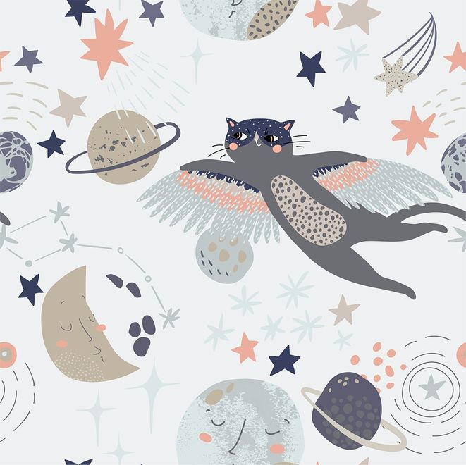 Cat Flying Over The Moon and Stars Wallpaper Mural