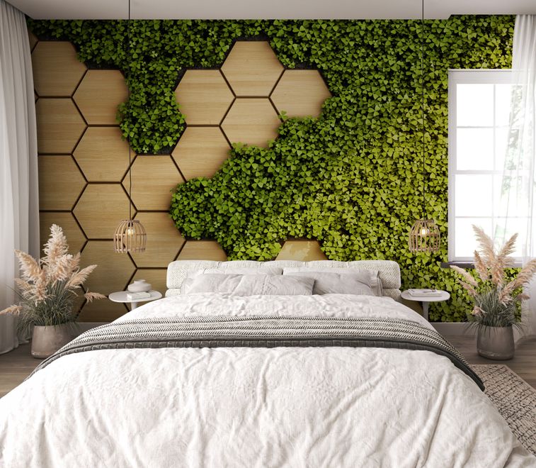 Hexagon Honeycomb Pattern and Fresh Grass Wallpaper Mural