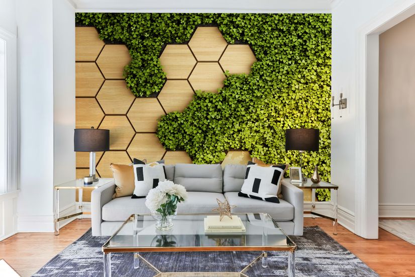 Hexagon Honeycomb Pattern and Fresh Grass Wallpaper Mural