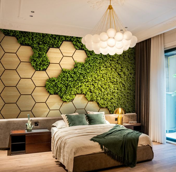 Hexagon Honeycomb Pattern and Fresh Grass Wallpaper Mural