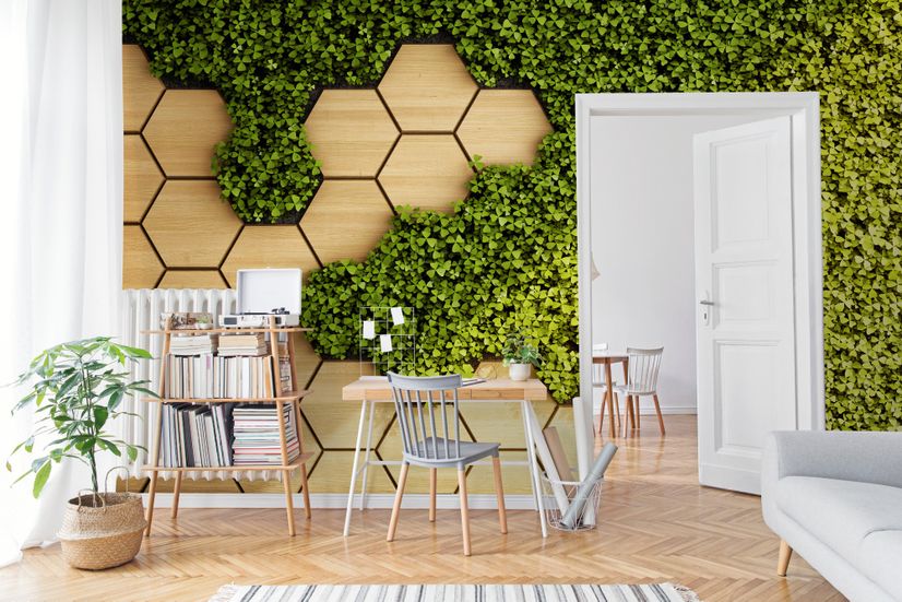 Hexagon Honeycomb Pattern and Fresh Grass Wallpaper Mural