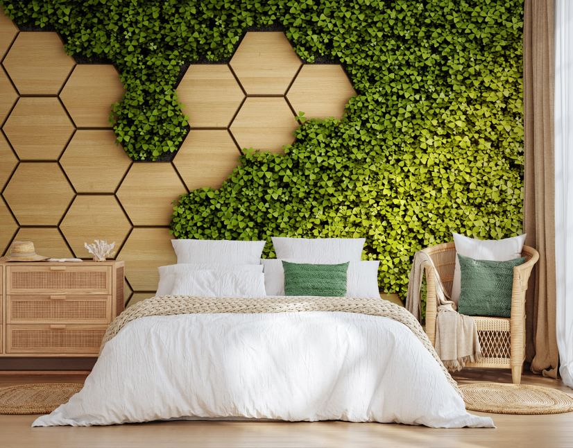 Hexagon Honeycomb Pattern and Fresh Grass Wallpaper Mural