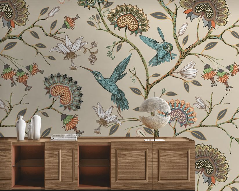 Vintage Flower with Hummingbird Wallpaper Mural