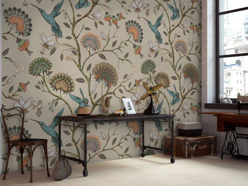 Vintage Flower with Hummingbird Wallpaper Mural
