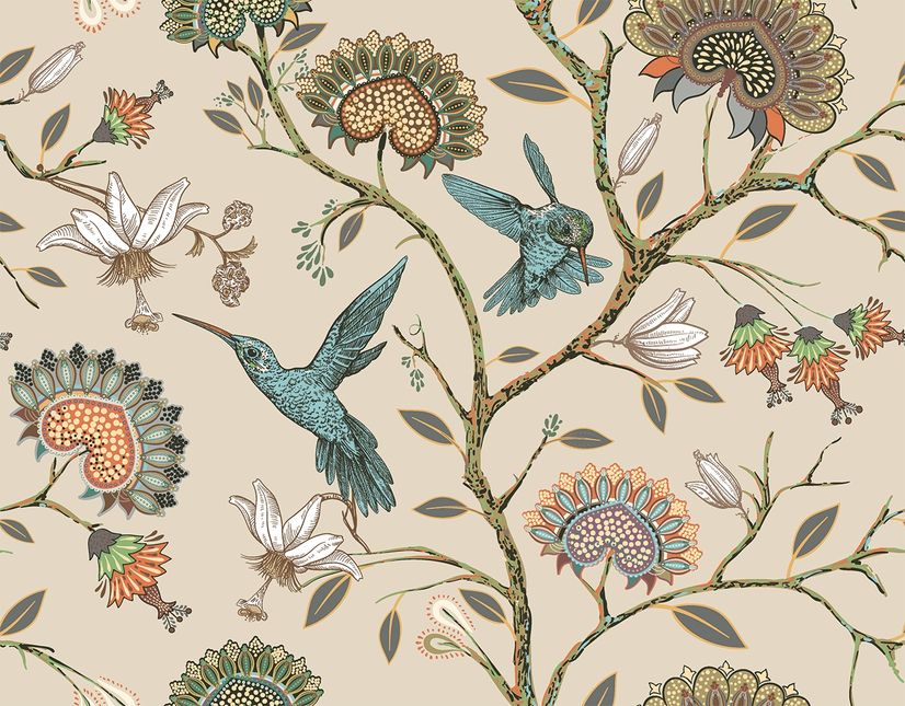 Vintage Flower with Hummingbird Wallpaper Mural