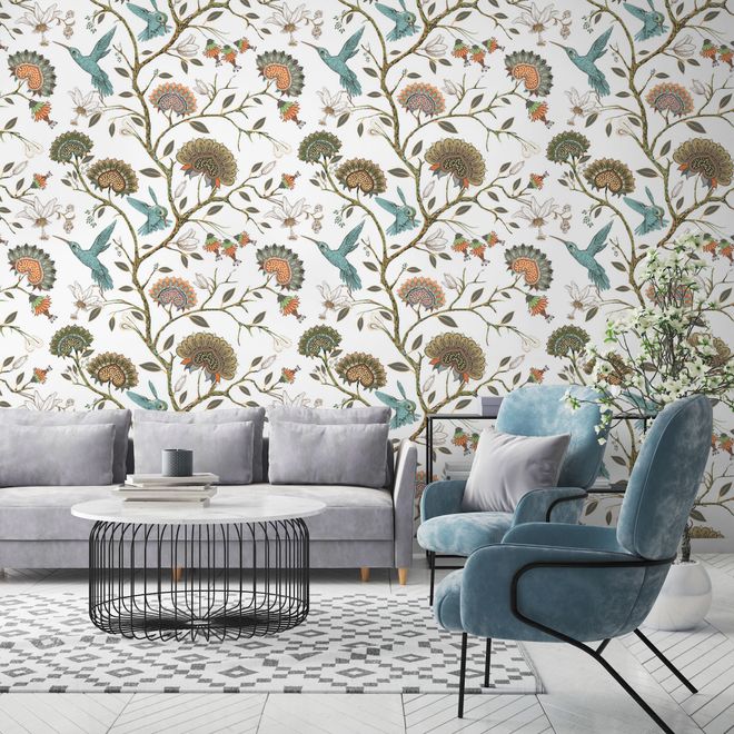 Vintage Flower with Hummingbird Wallpaper Mural