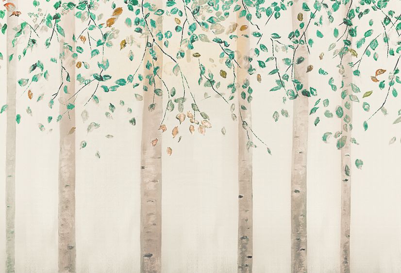 Watercolor Style Forest with Green Brown Little Leaves Wallpaper Mural