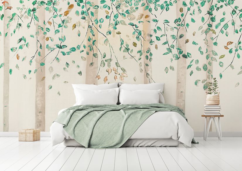 Watercolor Style Forest with Green Brown Little Leaves Wallpaper Mural