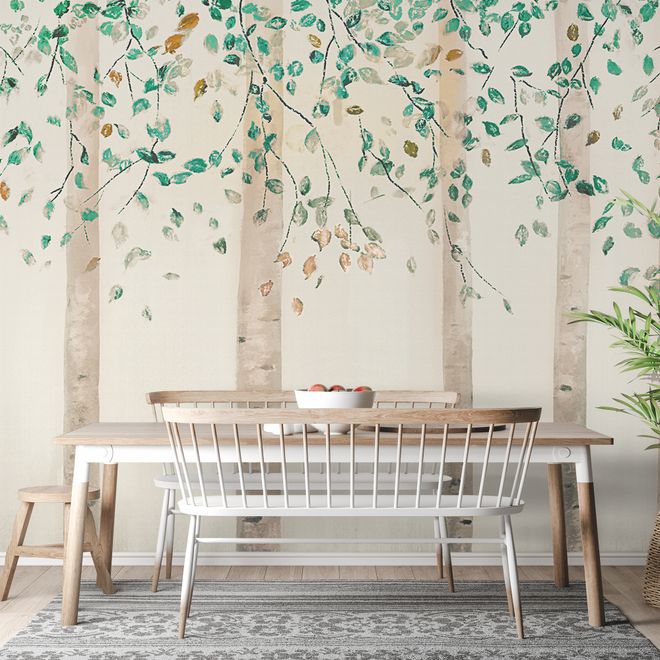 Watercolor Style Forest with Green Brown Little Leaves Wallpaper Mural