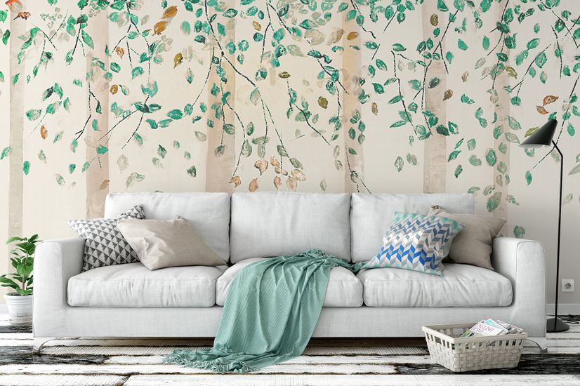 Watercolor Style Forest with Green Brown Little Leaves Wallpaper Mural