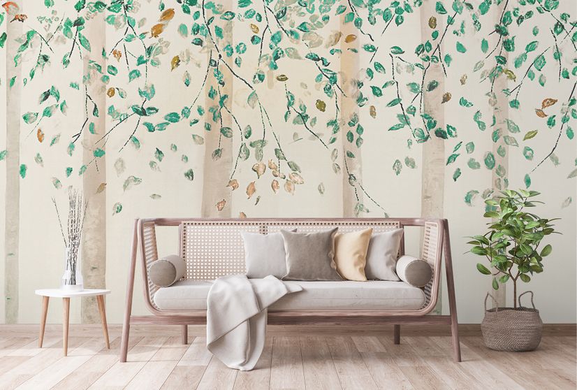 Watercolor Style Forest with Green Brown Little Leaves Wallpaper Mural