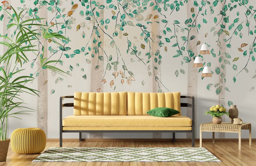 Watercolor Style Forest with Green Brown Little Leaves Wallpaper Mural