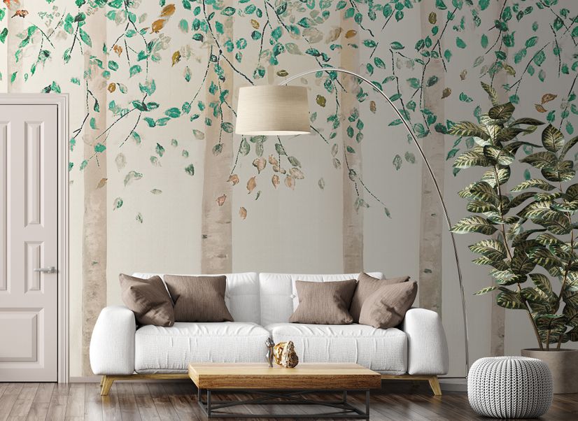 Watercolor Style Forest with Green Brown Little Leaves Wallpaper Mural