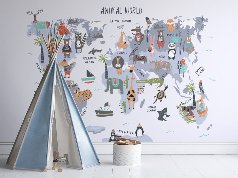 World Map with Cartoon Animals  Kids Wallpaper Mural