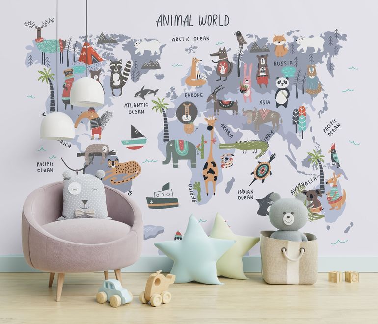 World Map with Cartoon Animals  Kids Wallpaper Mural